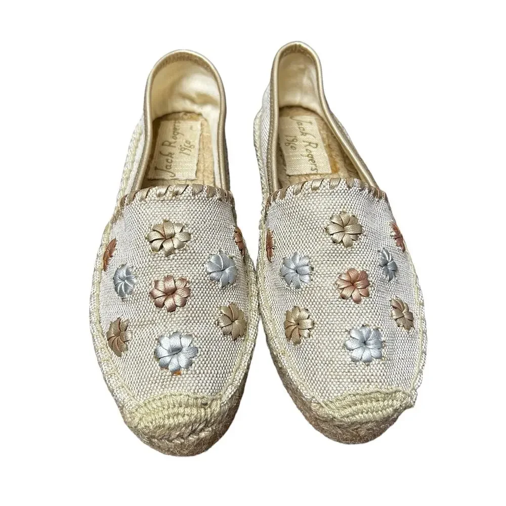 Jack Rogers Tan Canvas Gold Multi Leather Rondelles Palmer Espadrille Womens 8